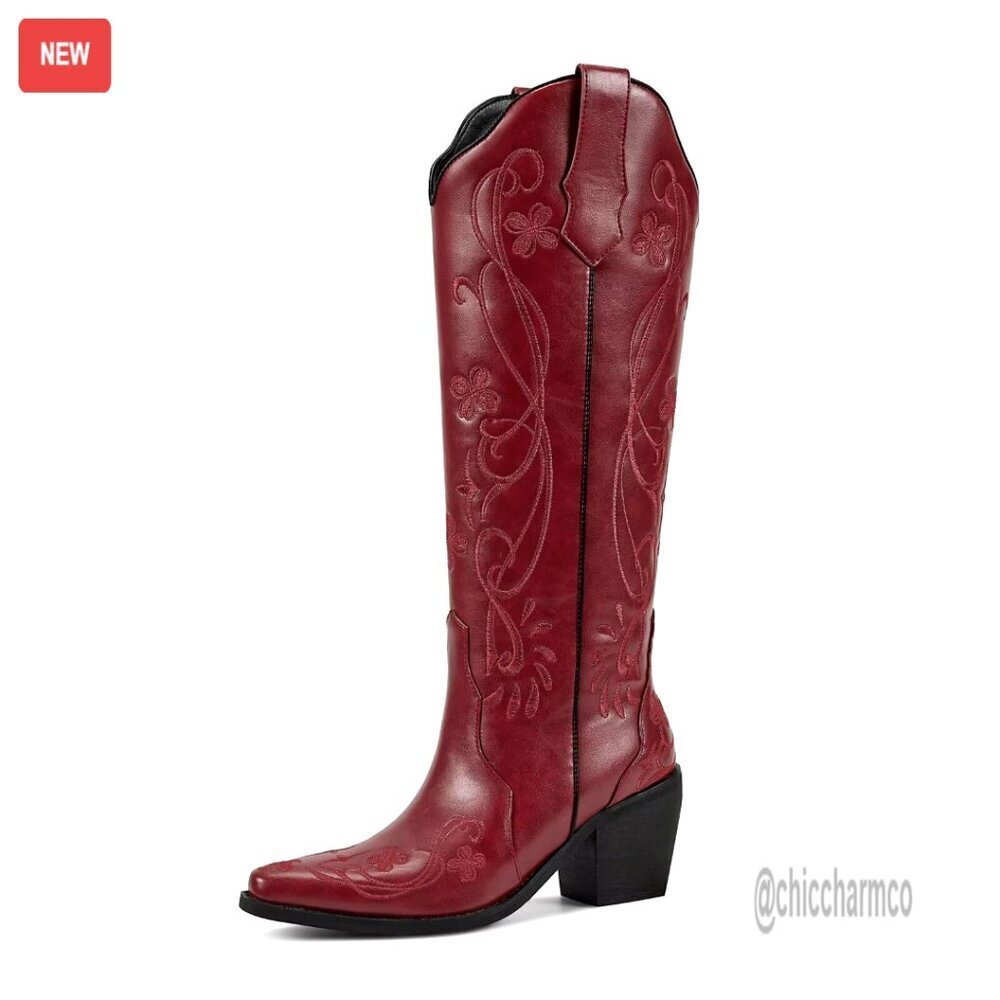 Floral Embroidered Knee High Cowboy Boots with Chunky Heel